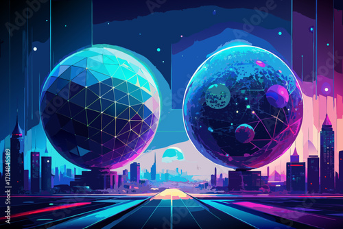 Futuristic city skyline with two giant glowing orbs in a neon cyberpunk landscape