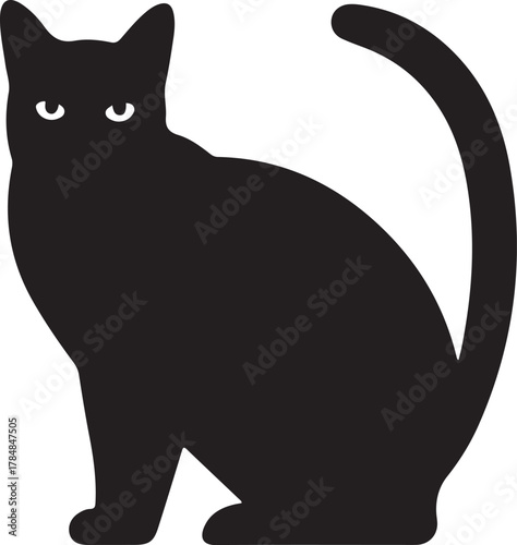 Black cat vector illustration showing a playful feline stretching on its back with cute white eyes against a dark background