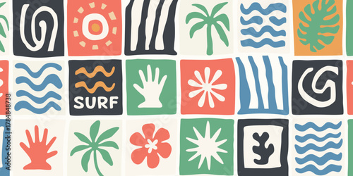 Retro mid century modern pattern with tropical and abstract shapes in a grid layout