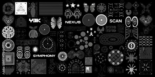Abstract geometric and organic shapes collection with text elements nexus and scan and symphony