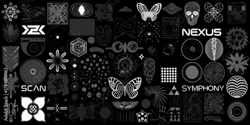 Abstract collage of grayscale geometric and organic shapes with text elements nexus and symphony