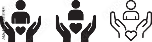 Human Care Support Icon with Protective Hands Illustration. Heart and Person Solid Care Symbol.