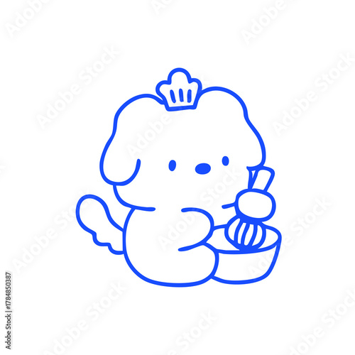 Blue outline puppy with chef hat holding a whisk and bowl