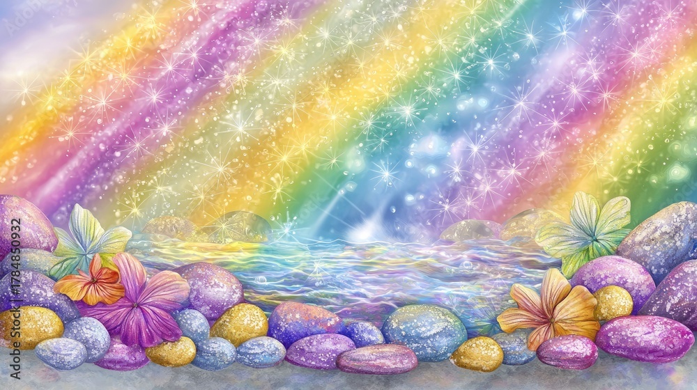 Obraz premium Hyperrealistic waterfall with rainbow mist serene nature scene vibrant colors peaceful environment artistic viewpoint