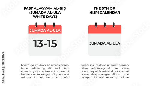 Jumada Al Ula calendar icon highlighting the Ayyam Al Bid or White Day fast (13-15) and indicating its place as the 5th month of the Hijri Calendar.