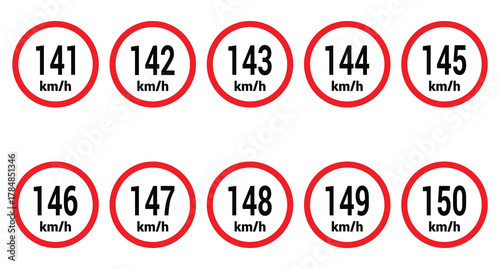 Speed limit sign 141, 142, 143, 144, 145, 146, 147, 148, 149 and 150 km h icon vector design illustration set