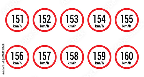 Speed limit sign 151, 152, 153, 154, 155, 156, 157, 158, 159 and 160 km h icon vector design illustration set