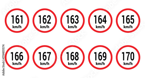 Speed limit sign 161, 162, 163, 164, 165, 166, 167, 168, 169 and 170 km h icon vector design illustration set