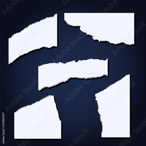 Vector set of pieces of white paper of different shapes and sizes with torn edges. Paper from a notebook or notebook, for school, office materials, document templates and graphic presentations.