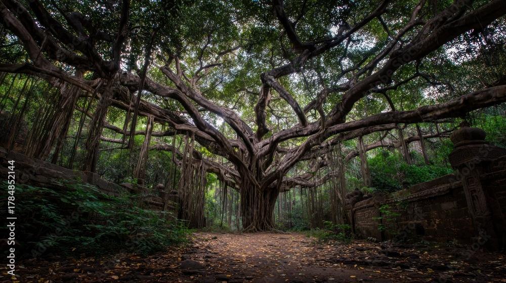 Obraz premium Ancient, sprawling banyan tree in a lush forest