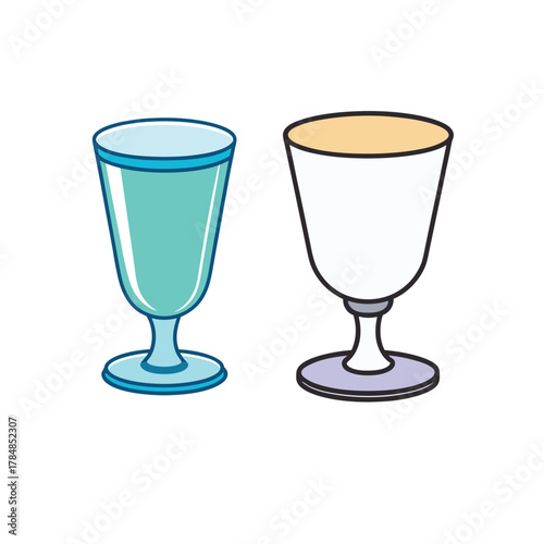 An isolated crystal glass with water and a silver goblet with wine, reflecting on a white background