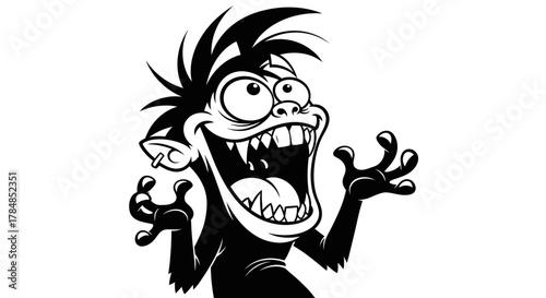 A black and white cartoon illustration of a crazy, wild monster with a huge grin and spiky hair.