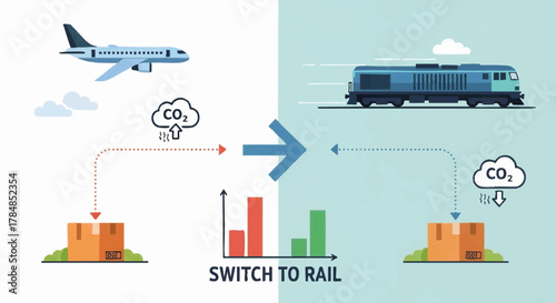 Switch to rail for sustainable logistics concept. Vector infographic comparing CO2 emissions from air and train freight. Environmental transportation choice illustration.