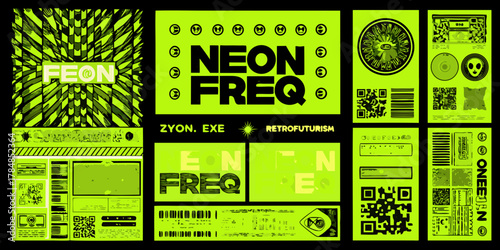 Retrofuturistic neon freq collage featuring qr codes and abstract graphics