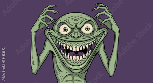 Cartoon depiction of a menacing, grinning, green monster with sharp teeth and clawed hands raised above its head.