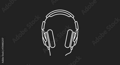 A minimalist white line art illustration of over-ear headphones on a dark background.