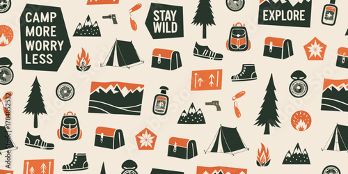 Vintage style camping and outdoor adventure icons seamless pattern with camp more worry less and explore text