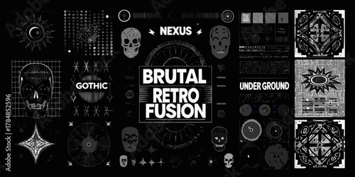 Brutal retro fusion gothic nexus underground abstract collage with skulls and geometric designs