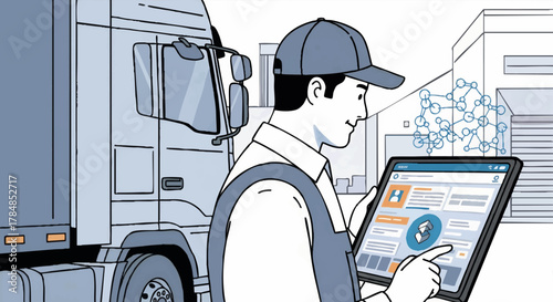 Truck driver using a fleet management app on a tablet. Supply chain and logistics technology concept. Modern vector illustration