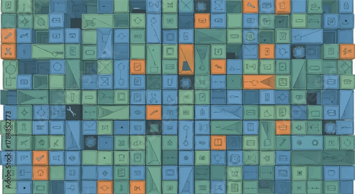 Abstract background with hand-drawn icons on 3d blocks. Sketchy vector illustration of a complex technology system. Modular components and network concept