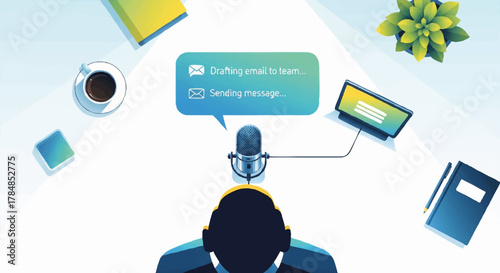 Smart assistant and voice recognition technology concept. Top-down illustration of a person working at a desk with a microphone. Flat vector graphic for AI, productivity, and hands-free communication.