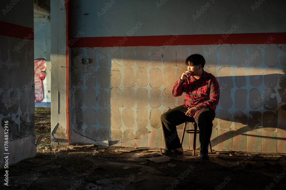 Fototapeta premium Young Asian man in a plaid shirt sitting and smokes a cigarette in abandoned building alone.