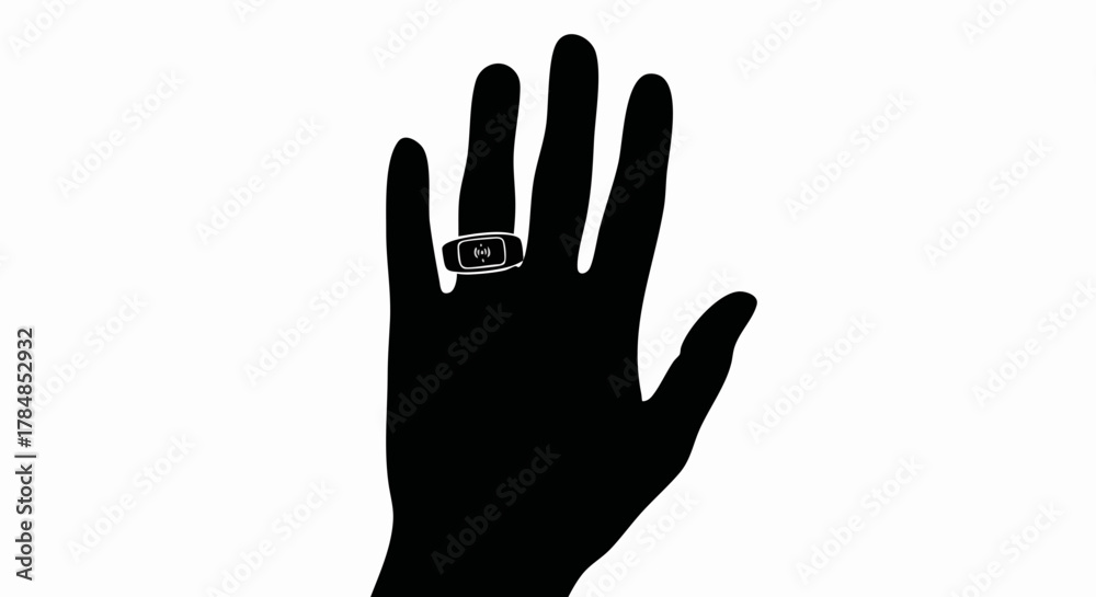 Obraz premium Wearable smart ring technology icon. Hand with an NFC device for contactless payment. Minimalist silhouette vector illustration