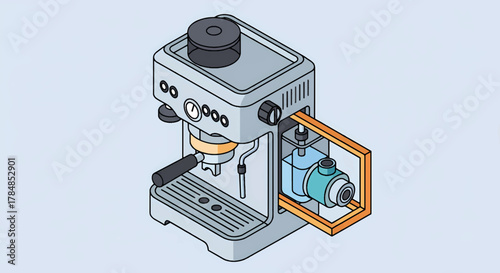 Isometric illustration of an espresso machine with a cutaway view. Technical diagram showing the internal water pump mechanism. Vector graphic for coffee appliance infographics