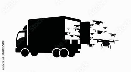 A swarm of delivery drones launching from a truck. Future of logistics and autonomous shipping concept. Minimalist vector silhouette icon