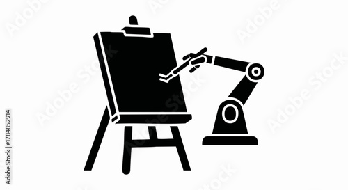 A robotic arm painting on a canvas. AI art and creative automation concept. Minimalist black glyph icon vector illustration