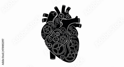A mechanical heart illustration with internal gears. Steampunk style anatomical organ silhouette. Black and white vector graphic isolated on a white background