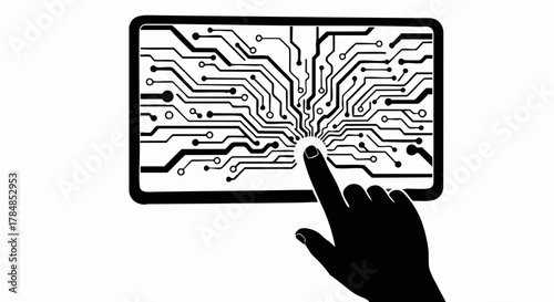 Hand touching a digital circuit board on a screen. Technology and user interface concept. Black and white silhouette vector illustration