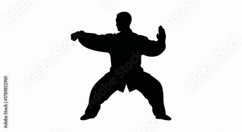 Black silhouette of a martial artist in a Tai Chi stance. Kung fu fighter vector illustration. Simple icon for fitness and self-defense