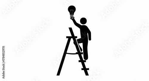 A person climbing a ladder with a light bulb icon. Business concept of idea, innovation, and success. Minimalist flat design vector illustration