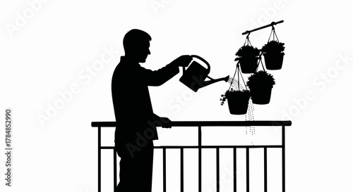Silhouette of a man watering plants on a balcony. Urban gardening and hobby concept. Minimalist black and white vector illustration