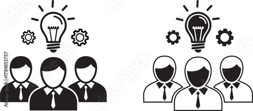 Business Teamwork and Innovation Concept with Group of Professionals, Light Bulb Idea, and Gears