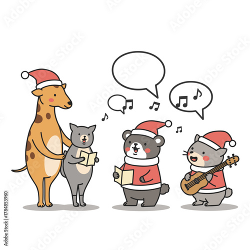 Animals Singing Carols1 — cute cartoon animals singing Christmas carols in winter hats and scarves. Perfect for Christmas greeting cards, festive illustrations, and winter holiday designs.