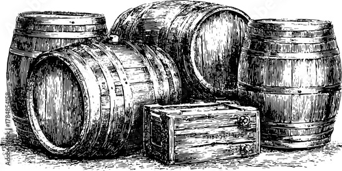 Engraved wooden barrels in a vintage style. Hand-drawn vector illustration showcasing traditional containers for drink storage in a set.