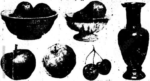 Vintage engraving set of fruit, including apples and cherries in decorative bowls and vases. Black and white vector illustration showcasing artistic design.