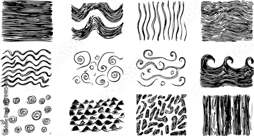 Set of hand-drawn lines and patterns in black and white. Features unique textures and swirls in a vector illustration style.