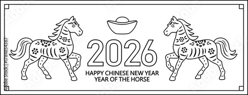2026 year of the horse coloring pages.
Chinese new year paper cut horses  greeting card outline with template.
Chinese lunar new year kids activities for kids.
White background.