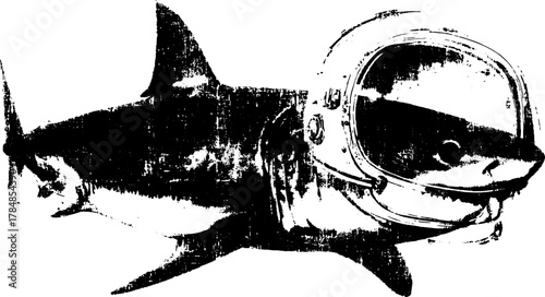 Shark in spacesuit silhouette. Vintage vector illustration featuring unique marine design for creative projects.