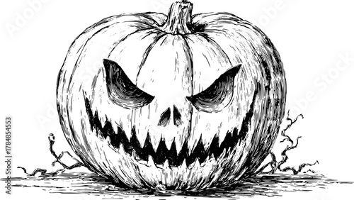 Vintage pumpkin illustration in line art style. Scary and detailed, this vector artwork showcases a classic Halloween set.