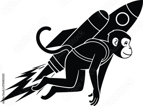 Cartoon monkey flying with jetpack, whimsical animal aerospace adventure, futuristic technology concept, black and white cad drawing flat vector illustration