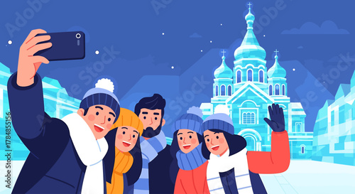 A joyful flat design illustration of a group of friends taking a selfie in front of an iconic, brightly lit ice sculpture at the Harbin International Ice and Snow Sculpture Festival.