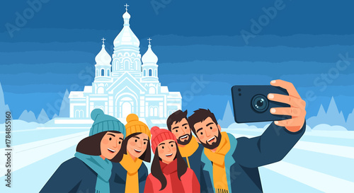 A joyful flat design illustration of a group of friends taking a selfie in front of an iconic, brightly lit ice sculpture at the Harbin International Ice and Snow Sculpture Festival.