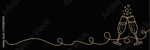Minimalist line art of champagne glasses on black background, festive banner with champagne glasses on black