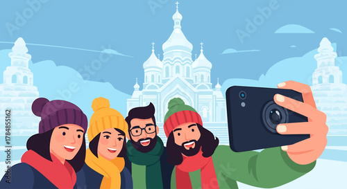 A joyful flat design illustration of a group of friends taking a selfie in front of an iconic, brightly lit ice sculpture at the Harbin International Ice and Snow Sculpture Festival.