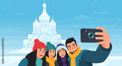 A joyful flat design illustration of a group of friends taking a selfie in front of an iconic, brightly lit ice sculpture at the Harbin International Ice and Snow Sculpture Festival.