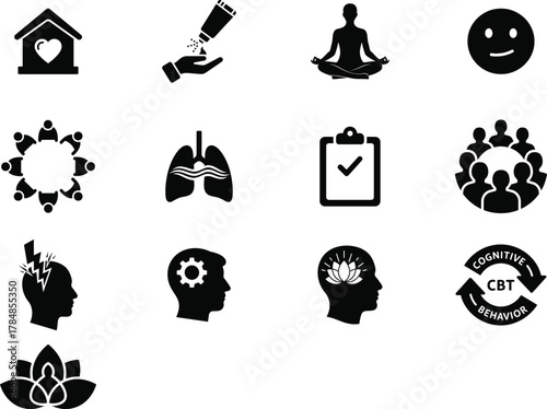 Mental Health and Wellness Glyph Icons Set - Therapy, Calmness, and Cognitive Symbols